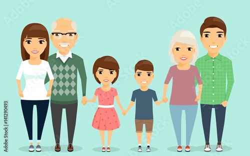 Close-knit family. Grandparents holding hands grandchildren. In a flat ...