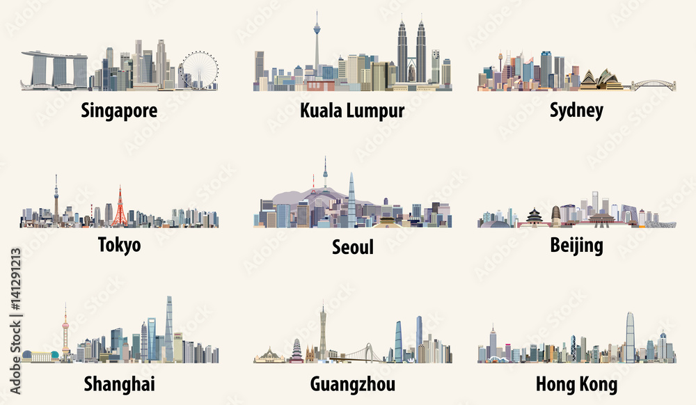 vector illustrations of Singapore, Kuala Lumpur, Sydney, Tokyo, Seoul, Beijing, Shanghai, Guangzhou and Hong Kong skylines - obrazy, fototapety, plakaty 