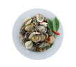 sea clams or RIDGED VENUS CLAM of Stir sauce in white dish isolated on white background.