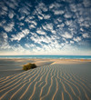 Dunes of sandy beach on background of sea and sky clouds