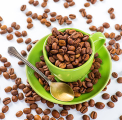 Wall Mural - Coffee cup and beans on a white background.