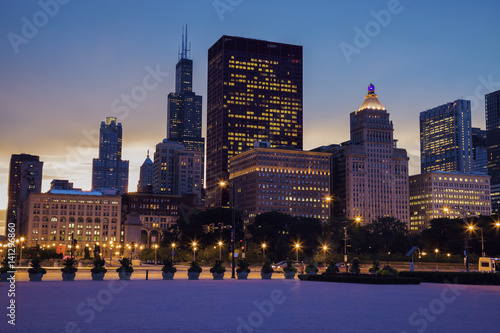 Plakat Panoramę Chicago o zachodzie słońca