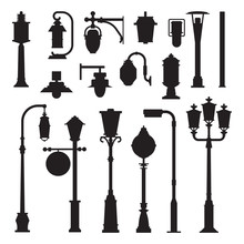 Collection Of Different Street Lights And Lanterns Outline Icons. City Lamp Post And Lamp Pole Silhouettes Set In Flat Design. Modern And Retro Park Lightings Vector Illustrations.
