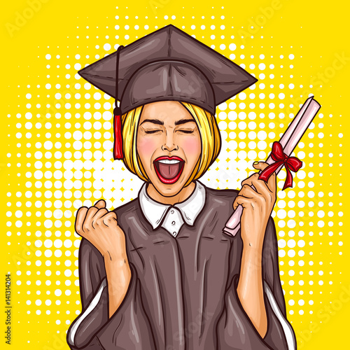 Naklejka na meble Vector pop art illustration of an excited young girl graduate student in a graduation cap and mantle with a university diploma in her hand. The concept of celebrating the graduation ceremony