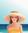 Девушка в шляпе на пляжном отдыхе солнечно вектор