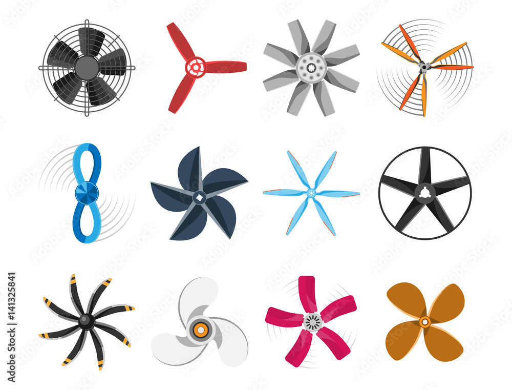 Propeller fan vector illustration fan propeller wind ventilator equipment air icon blower cooler set rotation technology power object circle rotate