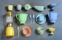 Selection Of Colorful Retro Plastic Kitchenware