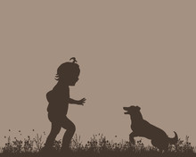 Vector Silhouette Of A Child Running With A Dog