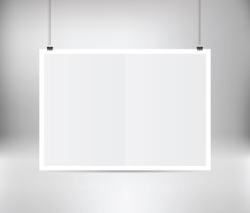 Fototapete - White vector poster hanging on binder with frame. Grey wall with poster mockup empty paper blank. Layout mock up. Horizontal template sheet. Paper sheet hanging on wall.