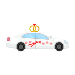 White wedding car with rings. Auto for the bride and groom.Wedding single icon in cartoon style vector symbol stock illustration.