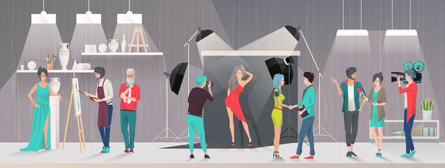 Art studio and Photostudio concept. Reporter and cameraman take interview. Photograph takes picture of Model. Artists and Art critics. Vector flat creative illustration. 