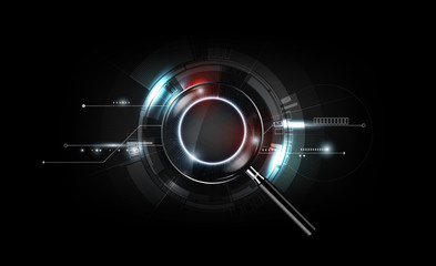 magnifying glass with scan search concept and futuristic electronic technology background, transparent vector