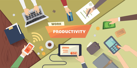 Productive office workplace. Productivity business strategy flat illustration.