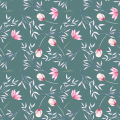 Seamless floral pattern with the watercolor pink flowers and purple branches, hand  painted isolated on a dark green background