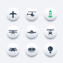 Canvas Print - Aircrafts icons set, aviation, air transport, airplane, helicopter, drone, biplane, alien spaceship, balloon