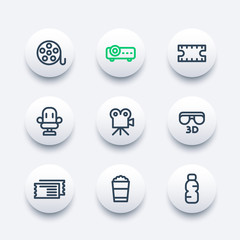 Sticker - cinema icons set in line style, film reel, projector, movie in 3d, tickets, seat, popcorn bucket