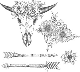 Wall Mural - Beautiful boho elements . buffalo skull, arrows, feathers and flowers