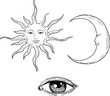 Vector illustration of Moon and Sun with faces, third eye
