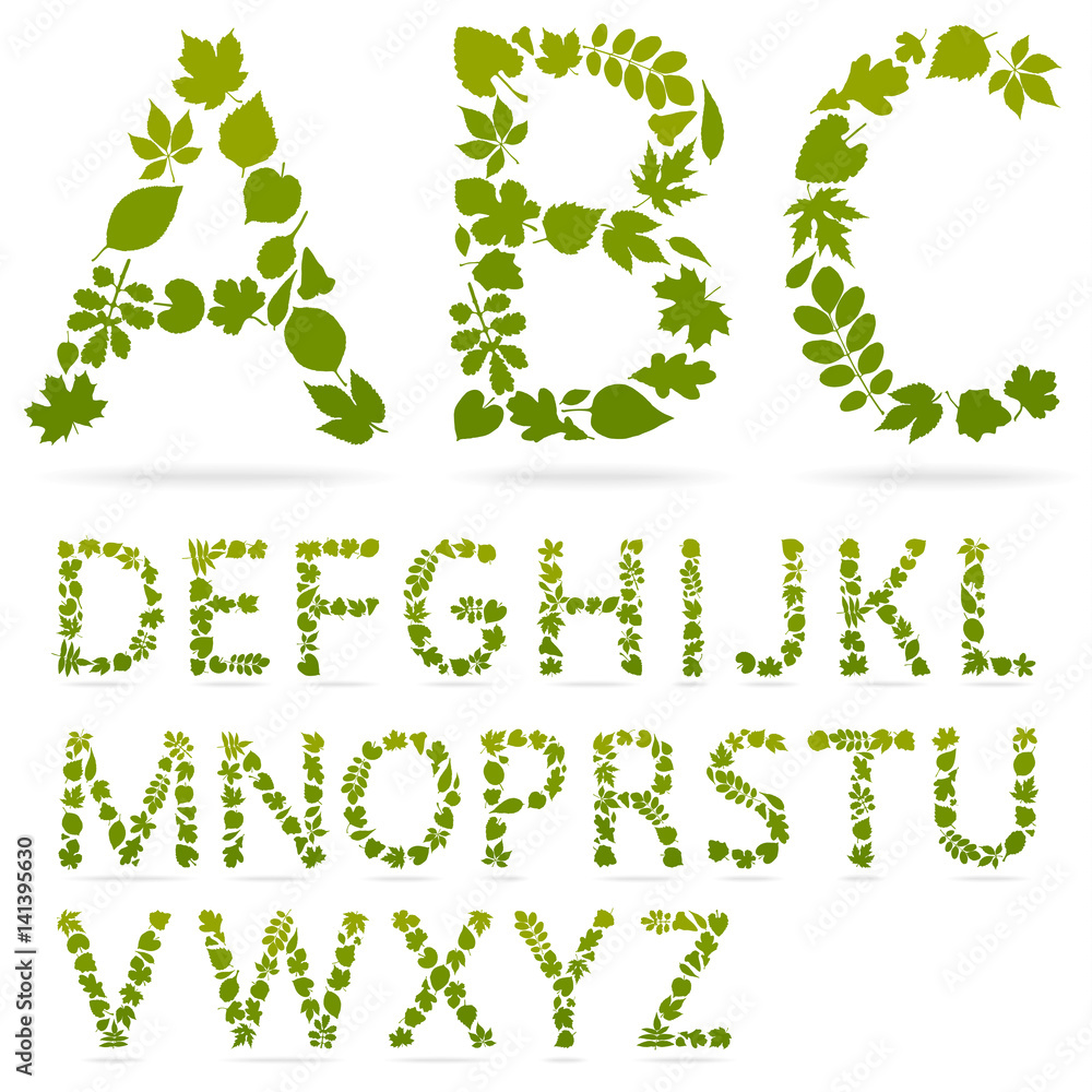 Vector alphabet letters made from leaves. Green floral font isolated on ...