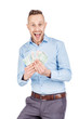 © kaninstudio - portrait of young businessman holding and counts money dollar bills in hands, isolated on white background. emotion facial expression feeling. financial reward savings