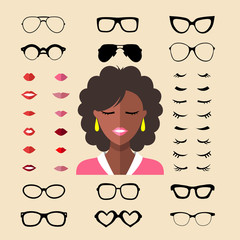 Wall Mural - Vector set of dress up constructor with different woman eyelashes, glasses, lips in flat style.Female faces icon creator