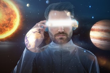 Sticker - Composite image of young male using virtual reality headset 3d