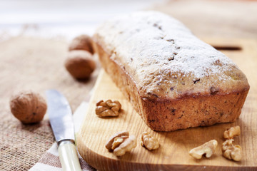 Banana cake with walnuts and dark chocolate