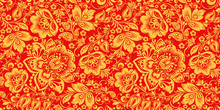 Hohloma In Red And Gold Colors Seamless Pattern Vector. Russian Traditional Decoration Design