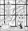 Japanese cat and sakura and tea for adult coloring book page. Maneki neco holds luck coin with hieroglyphics 