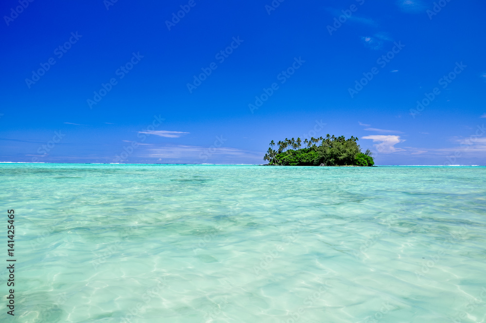 Stunning view of Motu Taakoka, a small island in the lagoon of Rarotonga near Muri Beach. Cook Islands in the South Pacific Ocean, Clear, shallow, water, small island with palm trees, copy space.  - obrazy, fototapety, plakaty 