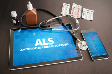 Poster - ALS (neurological disorder) diagnosis medical concept on tablet screen with stethoscope