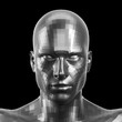 3D rendering. Faceted silver robot face with eyes looking front on camera