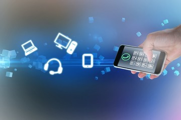 Wall Mural - composite image of cropped hand holding phone 3d