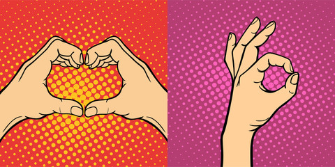 Wall Mural - Hands showing deaf-mute different gestures human arm hold communication and direction design fist touch pop art style colorful vector illusstration.