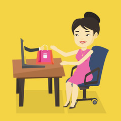 Sticker - Woman shopping online vector illustration.