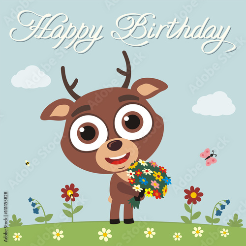 Happy birthday to you! Funny deer with flowers. Birthday card with deer ...