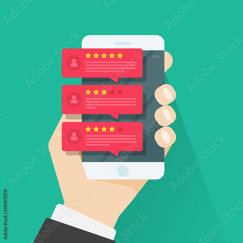 Fotomural Review rating bubble speeches on mobile phone vector illustration, flat style sm