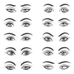 Beautiful female eye set isolated on white background. Hand drawn woman eyes vector illustration for girl portrait