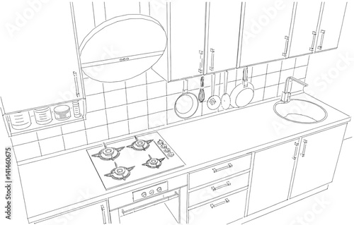Sketch Of Kitchen Area With Round Hood Cook Top Sink And Utensils Isolated Black And White Top View Buy This Stock Illustration And Explore Similar Illustrations At Adobe Stock Adobe Stock