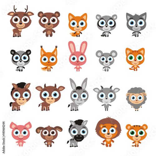 Download Big set cute animals with big eyes in cartoon style. Vector collection isolated animals on white ...