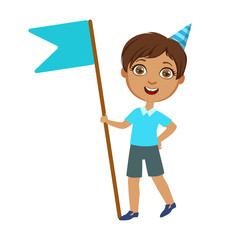 Sticker - Boy With Giant Blue Flag, Part Of Kids At The Birthday Party Set Of Cute Cartoon Characters With Celebration Attributes