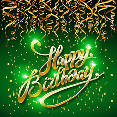 concept party on green dark background top view happy birthday gold confetti vector - modern flat design style