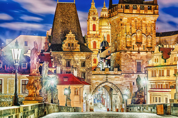 Wall Mural - Prague, Charles bridge, tower, the Church of St. Nicholas, Czech Republic. Twilight scenery. Popular European travel destination.