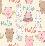 Vector cute seamless pattern with animals. Hello