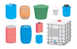 Containers for liquid. Plastic, metal and wood barrel set. Vector illustration