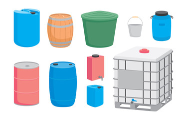 containers for liquid. plastic, metal and wood barrel set. vector illustration