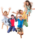 Fototapeta  - group of happy cheerful sportive children jumping and dancing