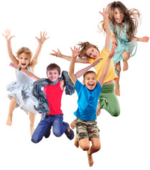 group of happy cheerful sportive children jumping and dancing