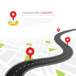 © studioworkstock - Navigation concept with pin pointer vector illustration. Cartography mapping, ui pinning, discovery, geotag, tourism geolocation. GPS navigation system banner. Location pin on perspective city map.