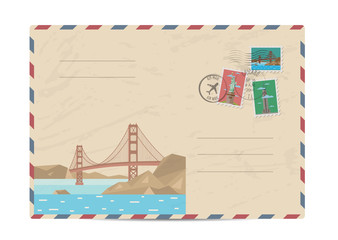 Wall Mural - Golden Gate bridge, San Francisco, USA. Vintage postal envelope with famous architectural composition, postage stamps and postmarks on white background vector illustration. Airmail postal services.